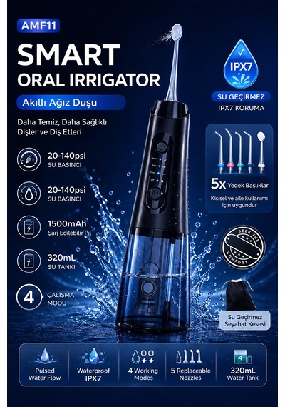Ağız Duşu Şarjlı 320 Ml Su Hazneli 4 Modlu Su Geçirmez Taşınabilir Oral Irrigator 5 Başlıklı Derin Temizlik Type-c