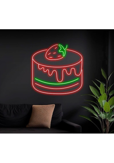 Çilekli Pasta Figürlü Neon Tabela Kırmızı
