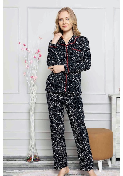 Alimer Lacivert Kadın Önden Düğmeli Uzun Kollu Pijama Takım EDY2536UK-L Lacivert
