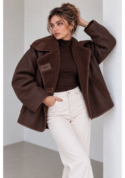 Lima Kahve Kadın Oversize Peluş Detaylı Süet Mont Kürk Yakalı Kışlık Ceket