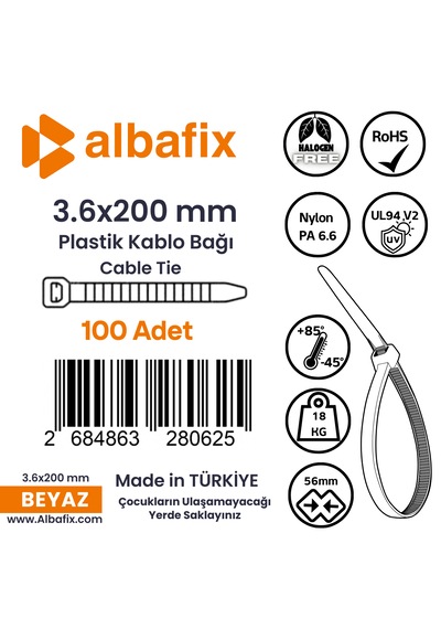 3.6x200 Mm Beyaz Plastik Kablo Bağı Klipsi Cırt Kelepçe 100 Lü Paket 3.6 X 200mm- Beyaz