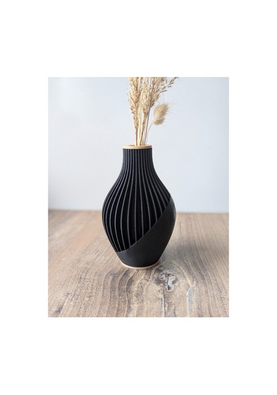 Modern Siyah Dekoratif Vazo 15 Cm Minimal Çizgili Tasarım Siyah