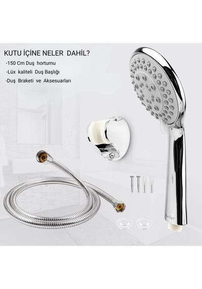 Yüksek Basınçlı Duş Seti 150 Cm Çelik Hortumlu Masajlı Filtreli Evrensel Banyo Seti Metalik Plastik Diğer