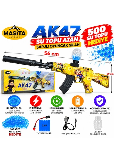Masita Gel Blaster Ak47 Su Topu Su Maymuncuğu Atan Oyuncak Şarjlı Tam Otomatik. 56 Cm Karma Renk Ve Model Gönderilir Çok Renkli