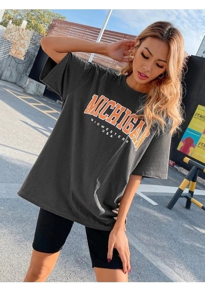 Flood Of Style Kadın Füme Oversize Michigan Baskılı T-shirt Gri
