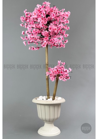 Biçiçek Yapay Pembe Sakura Ağacı 125 Bahar Dalı Krem Nergi̇s Saksıda