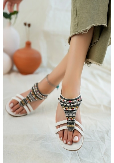 Khayt Rebeca Anatomik Fashion Taşlı Günlük Kadın Sandalet Beyaz