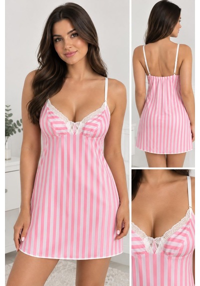 Love Secret Pembe Çizgili Dantel Detaylı Balenli Saten Mini Gecelik - Babydoll