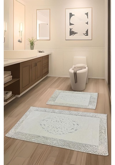 Pamukkent Süper Emici 2'li%100 Pamuk Ultra Lüks Banyo Paspası Seti 60x100 Cm Ve 50x60 Cm Beyaz Çok Renkli