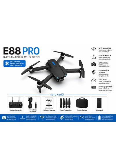 E88pro-e99pro 2.4ghz Katlanbilir Drone 720p Sabit Kalabilme Telefon Tutuculu Kumanda Tek Tuş İniş Kalkış