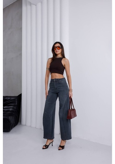 Zdnjeans Kadın Yüksek Bel Gri Wide Leg Palazzo Jean Pantolon Antrasit