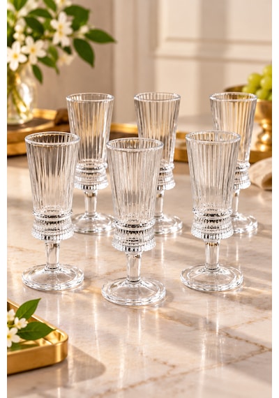 6 Lı Kristal Cam Ayaklı Kahve Yanı Bardağı Bardak Flüt Model 50ml Şeffaf