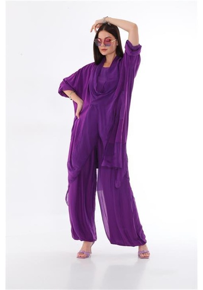 Italyan Ipek Detaylı Oversize Kap Bluz- Wes Pantolon Takım Mor