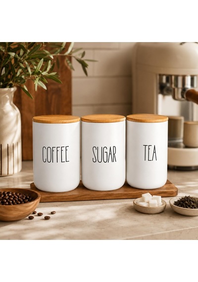 3'lü Bambu Kapaklı Seramik Saklama Kabı Seti, Her Biri 1000 Ml, Coffee Sugar Tea Yazılı Kahve Şeker Çay Kavanozu, Tezgâh Üstü Mutfak Düzenleyici Çok Renkli