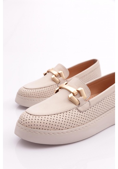 Dgn 422 Kadin Tokali Lazerli Loafer Ayakkabi 422-1567-R0463 Ekru