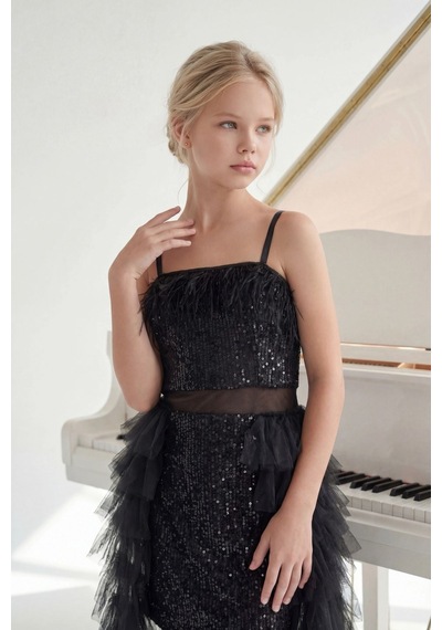 Butik Happy Kids Kız Çocuk Siyah Payetli Kuyruklu Abiye Elbise Tül Detaylı Mini Uzun Kuyruklu Prenses Model Abiye Elbise 8-16 Yaş