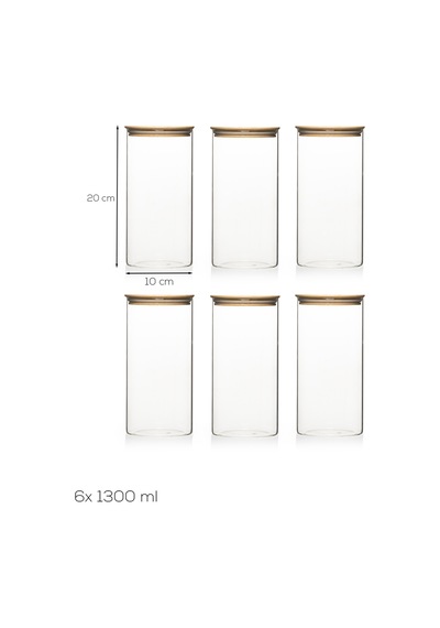 Porsima 2-3 Bambu Vakumlu Kapaklı Yuvarlak Borosilikat Cam 6lı Kavanoz Seti Saklama Kabı 1300ml 10x20cm Cam - Şeffaf