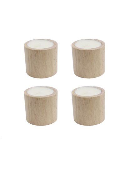 4'lü Doğal Ham Ahşap Tealight Mumluk Seti + 4 Adet Mum Hediyeli