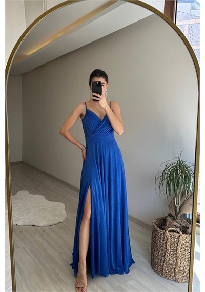 Neşeli Butik Kadın Işıltılı Askılı Yırtmaç Detayı Şifon Abiye Elbise Nm002 Mavi