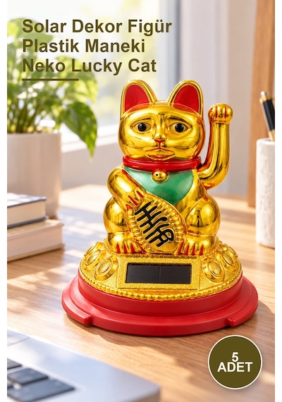 5 Adet Güneş Enerjili Pati Salayan Şans Kedisi Solar Dekor Figür Plastik Maneki Neko Lucky Cat