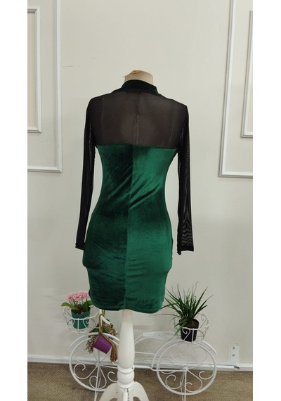 Bhrwear Kadın Uzun Kollu Balıkçı Yakalı Dekolte Tül Detaylı Kısa Kadife Elbise Renkli
