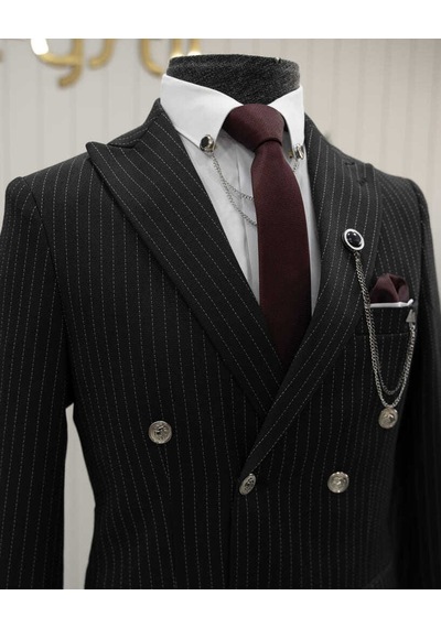 Beystil Sivri Yaka Siyah Çizgili Kruvaze Takım Elbise Lecce- Slim Fit Siyah