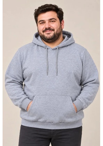Suma Erkek Büyük Beden Kapüşonlu Kanguru Cepli Şardonlu Sweatshirt Gri