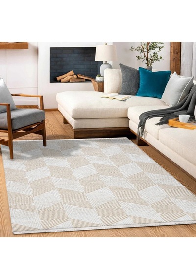 Bespoky Phoenix Geometrik Modern Salon Halısı Makine Dokuma Krem