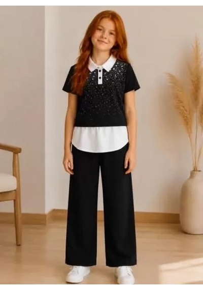 Veraura Lifestyle 9/16 Yaş Oysho Penye Taşlı Çocuk Takımı Siyah