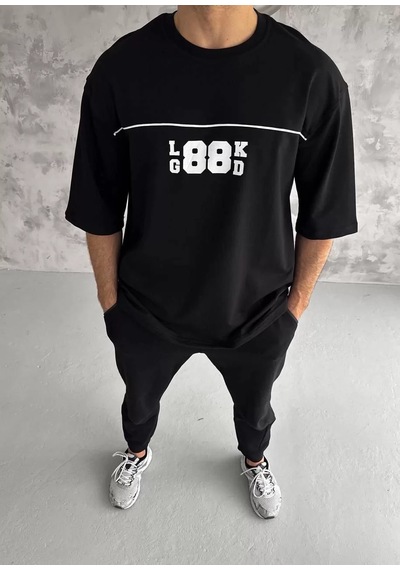 Tarz Yeri Erkek Kısa Kol Yazlık Tişört Bisiklet Yaka Baskılı Oversize T-shirt - Siyah Mor