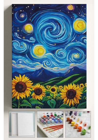 Sayılarla Boyama Seti Numaralı Tuval Fırça Boya Dahil Kasnaklı Set 40x50 Cm - Yıldızlı Gece Ayçiçeği