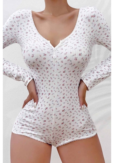 Merry See Çiçek Desenli Tasarım Tulum Gecelik Body Çok Renkli