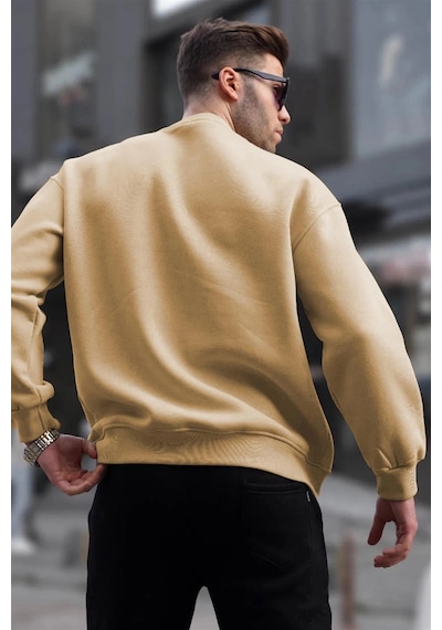 Erkek Düz Bisiklet Yaka 3 İplik Pamuklu Sweatshirt - Bej