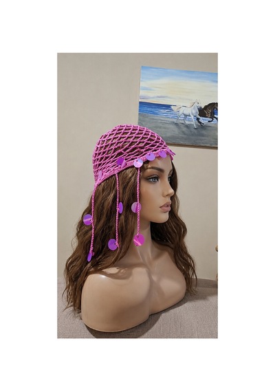 Kadın El Emeği Pullu File Bandana Şapka Saç Bandı Pembe Pembe