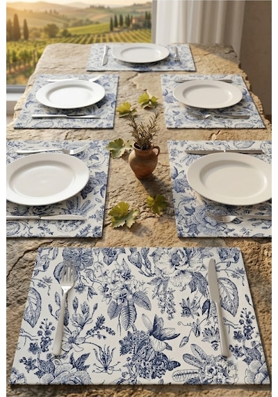 Çiçek Desenli Kumaş Tabak Altlığı 35x45 Cm Mavi Yapraklı Yemek Masası Tabak Altlığı 6 Kişilik