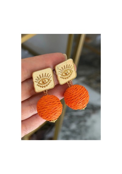 Gold Ve Göz Detaylı Turuncu Hasır Küpe