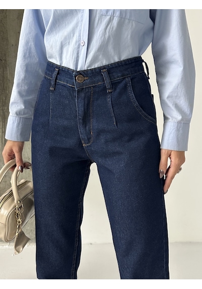 Blue Marlin Pileli Kuşaklı Mom Jeans Lacivert