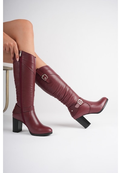 Analin Shoes Kadın Hakiki Deri Körüklü Toka Detaylı Topuklu Çizme Bordo