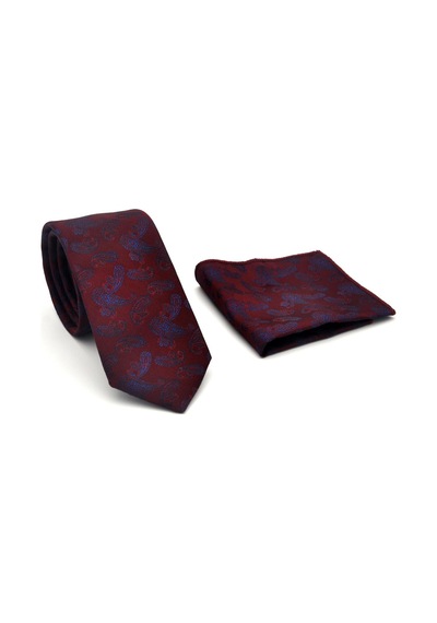 Gaffy Lacivert Şal Desenli Bordo Dokuma Kumaş Mendilli Slim Fit Kravat // Sdk-2507-3 Bordo