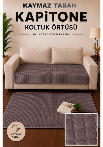 Kare Desenli Tek Parça Kaymaz Taban Kapitone Koltuk Örtüsü Çekyat Kanepe Örtüsü 70x190 Füme Füme