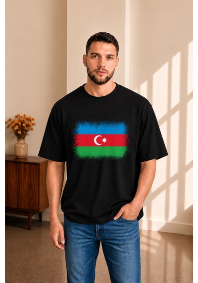 Sngl Tekstil Erkek Oversize Azerbaycan Bayrak Baskılı Kısa Kollu Tişört S M L Xl 2xl Siyah
