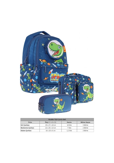 Kaukko Kids 3d Dinazor Şekilli Erkek Çocuk Üçlü Okul Çantası Seti/takımı - Lacivert L5252+l7252+l8252 Lacivert