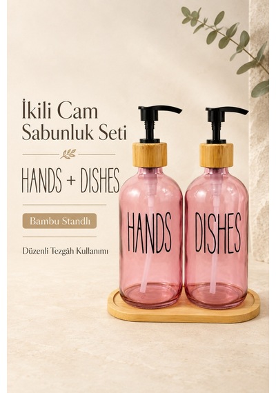 Relly Bambu Standlı İkili Cam Sabunluk Seti 2 X 500 Ml Hands & Dıshes Pembe