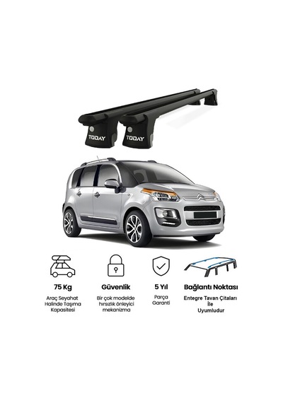 Trio-ı Citroen C3 Picasso 2009-2017 Uyumlu Siyah Kilitli Ara Atkı 120cm Port Bagaj Tavan Barı
