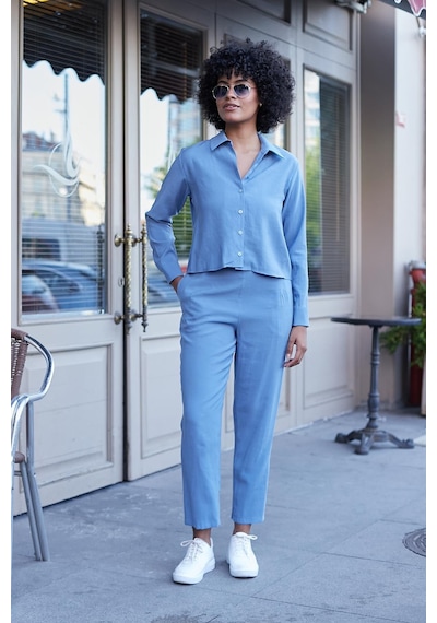 JUMENT Kadın Likrasız Modal Kumaş Yüksek Bel Beli Lastikli Yan Cepli Dar Paça Bilek Boy Pantolon-indigo İndigo JUMENT Kadın Likrasız Modal Kumaş Yüksek Bel Beli Lastikli Yan Cepli Dar Paça Bilek Boy Pantolon-indigo İndigo