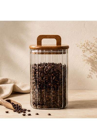 700 Ml Ahşap Kapaklı Ve Saplı Kare Oluklu Cam Kahve Saklama Kavanozu, Şeffaf Erzak Kabı, Kahve Çekirdeği, Kuruyemiş, Şeker, Bakliyat Ve Mutfak Saklama Kabı Çok Renkli