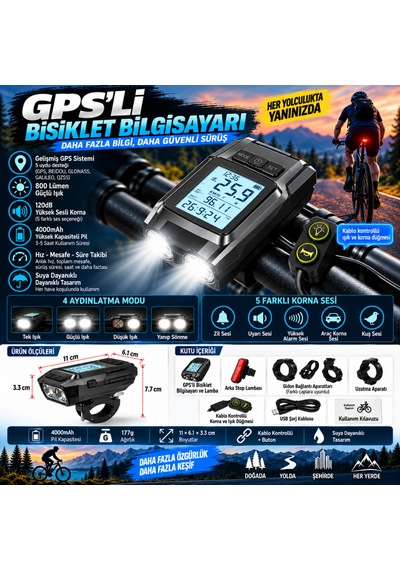 Gps'li Bisiklet Kilometre Saati 4'ü 1 Arada Bisiklet Farı Feneri Led Korna Arka Stop Lambası Bisiklet Bilgisayarı Siyah