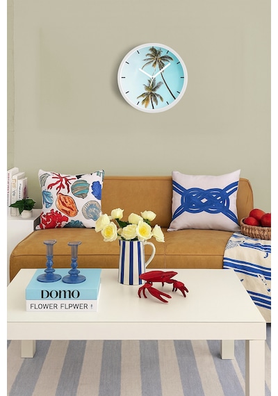 Palmiye Ağacı Modern Duvar Saati - 30cm - Önü Camlı Beyaz Kasa - Sessiz Mekanizma Beyaz