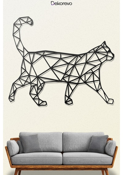 Geometrik Kedi Metal Duvar Tablosu - Metal Duvar Sanatı - Siyah - 65 X 75 Cm