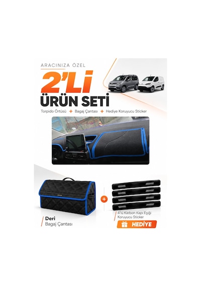 Toyota Proace Cıty 2020-2026 Uyumlu Torpido Örtüsü + Deri Bagaj Çantası + Sticker - Siyah Mavi